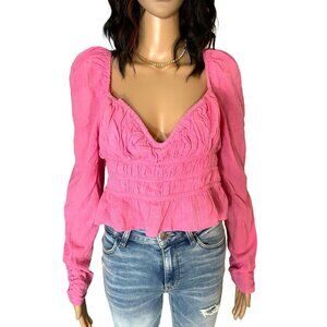 Free People Chloe Smocked Tie Neck Cotton Top Pink Size S
